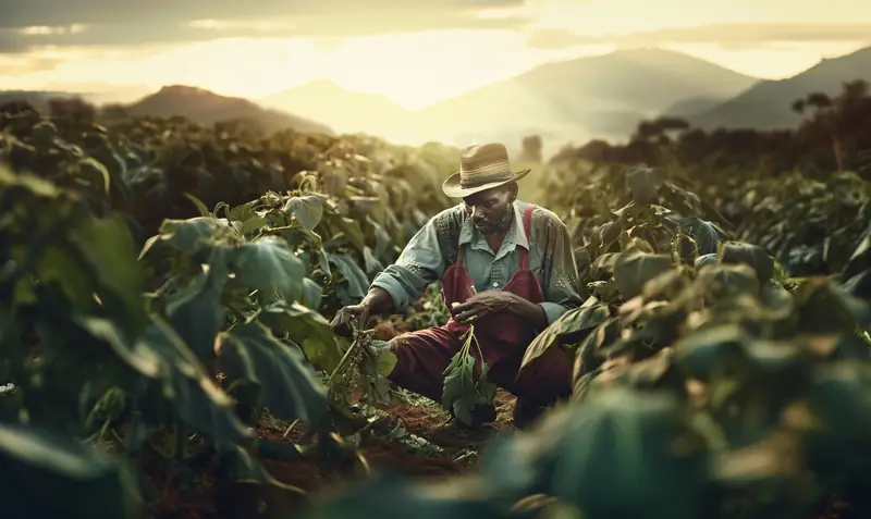 A grower inspecting tobacco plants in the field at dusk
