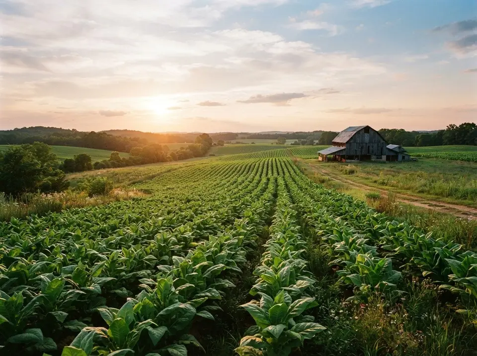 Rows of flue-cured Virginia tobacco stretching toward a curing barn at golden hour