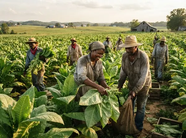 Contracted growers reaping tobacco leaves together in the field