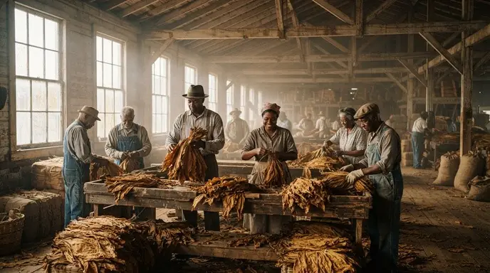 Processed tobacco leaf being graded and sorted on a processing floor